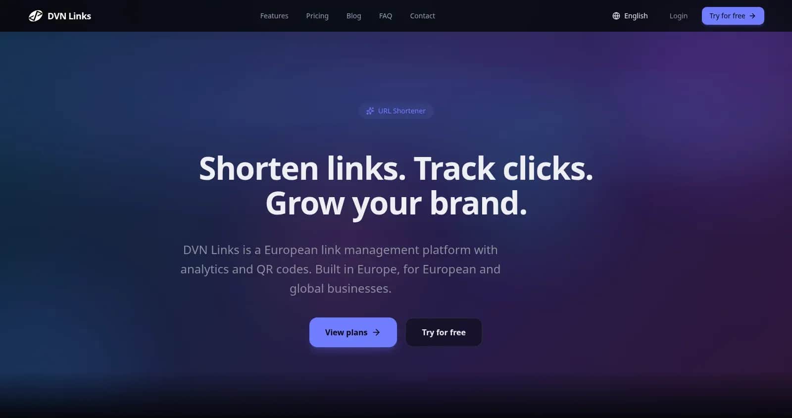 DVN Links home page — a European link management platform with analytics and QR codes