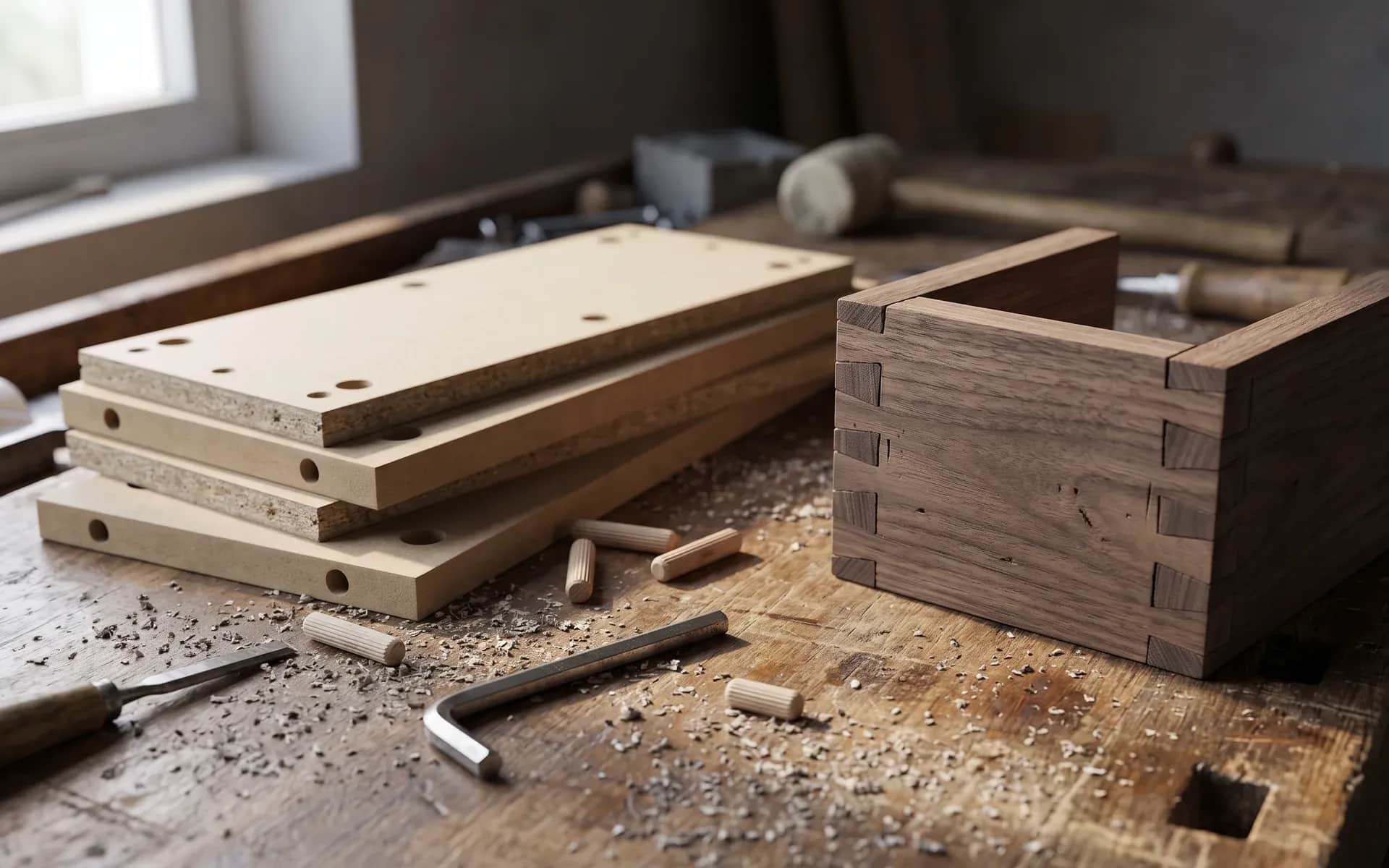 Flat-pack furniture panels with pre-drilled holes, dowels and an allen key on a workbench, beside a walnut box joined with hand-cut dovetails.