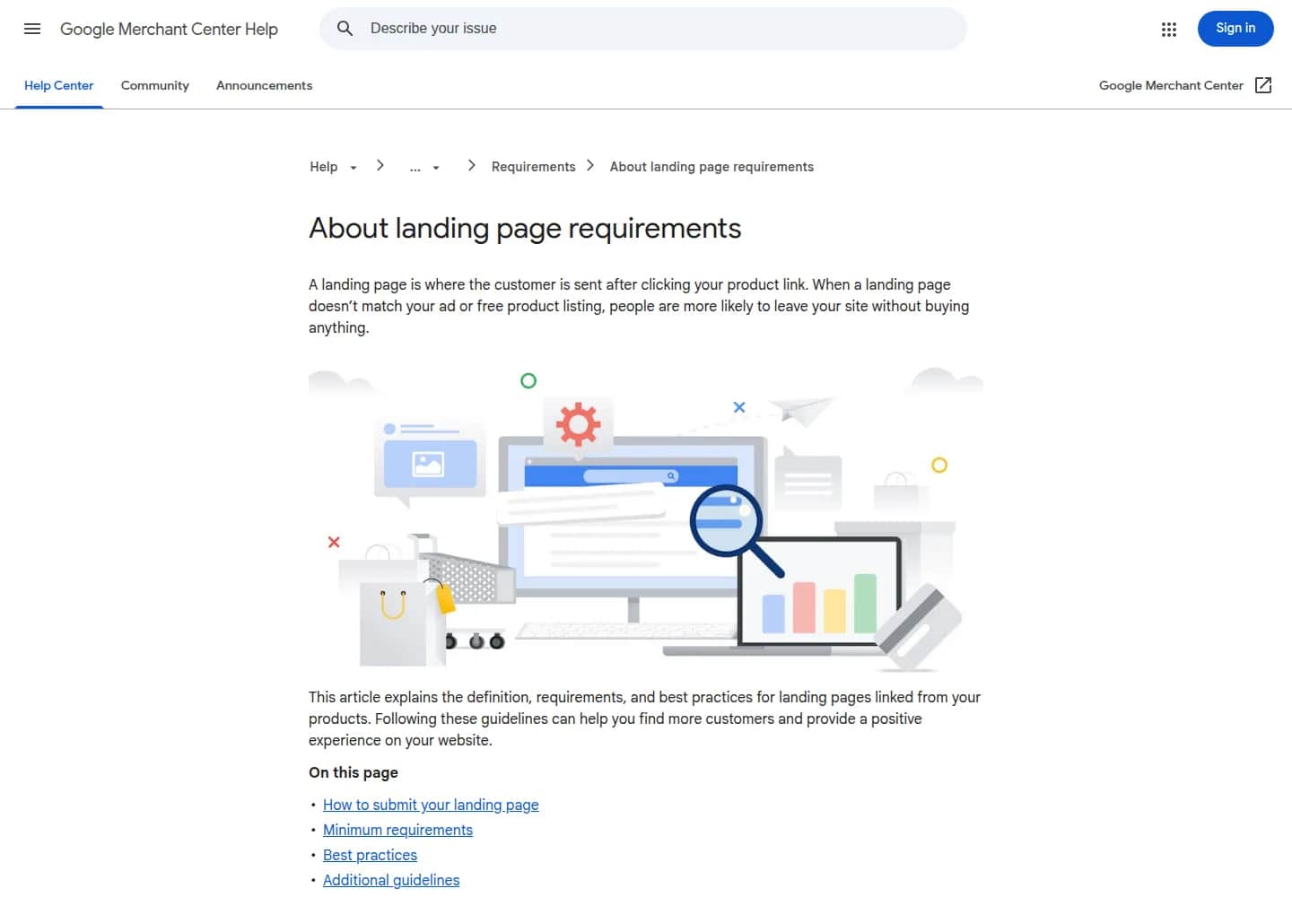 Screenshot of the English-language Google Merchant Center Help page "Landing page requirements": the definition of a landing page as the page customers reach after clicking a product link, the warning that when the landing page doesn't match the ad or free listing, people are more likely to leave the site without buying anything, and the page's section outline.