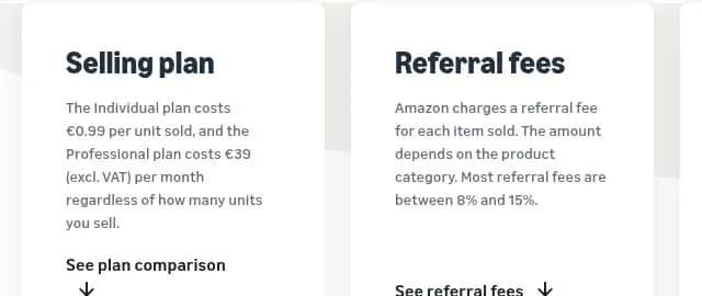 Screenshot of Amazon's seller fee page for Amazon.fr (English version), summary cards: Individual plan EUR 0.99 per unit sold; Professional plan EUR 39 excl. VAT per month; most referral fees between 8 and 15 percent of the sale price.
