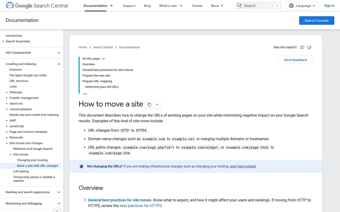 Screenshot of Google Search Central's "How to move a site" documentation: a move can mean changing HTTP to HTTPS, changing domain, or changing URL paths; the document covers preparing the new site, mapping addresses, and listing the old URLs.