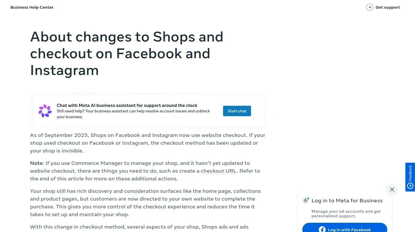 Screenshot of the Meta Business Help Center page "About changes to Shops and checkout on Facebook and Instagram": as of September 2025, Shops on Facebook and Instagram use checkout on the merchant's own website, and payment processing within Shops has been discontinued.