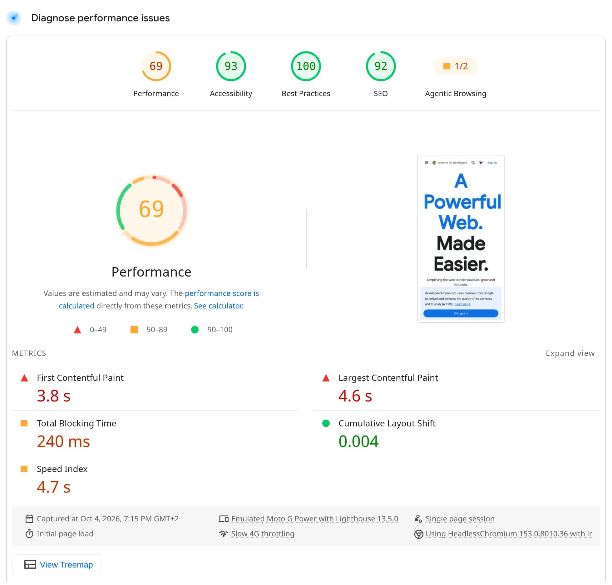 Screenshot of PageSpeed Insights, mobile tab, section "Diagnose performance issues" for developer.chrome.com. Category scores: Performance 69, Accessibility 93, Best Practices 100, SEO 92, Agentic Browsing 1/2. Performance score 69 with the note "Values are estimated and may vary" and the bands 0–49, 50–89, 90–100, next to a phone screenshot of the page. Metrics: First Contentful Paint 3.8 s and Largest Contentful Paint 4.6 s in red, Total Blocking Time 240 ms and Speed Index 4.7 s in amber, Cumulative Layout Shift 0.004 in green. Footer: captured at Oct 4, 2026, 7:15 PM GMT+2, emulated Moto G Power with Lighthouse 13.5.0, single page session, initial page load, Slow 4G throttling, HeadlessChromium 153.0.8010.36.