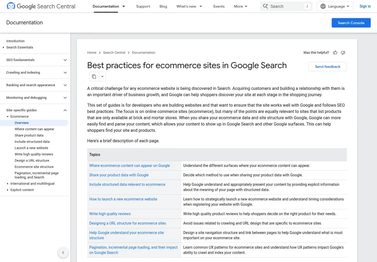 Screenshot of the home page of Google Search Central's "E-commerce" section, in English, listing its sub-pages: where product data can appear on Google; sharing product data with Google; structured data relevant to e-commerce; launching an e-commerce site; writing high-quality reviews; designing a URL structure for e-commerce sites; site structure; pagination and incremental page loading.